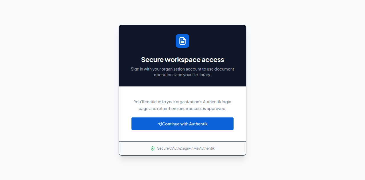 The sign-in screen, titled “Secure workspace access”, with the Continue with Authentik button