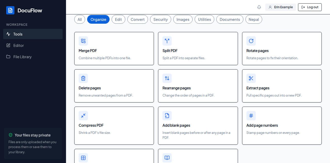 The Tools page filtered to the Organize category tab