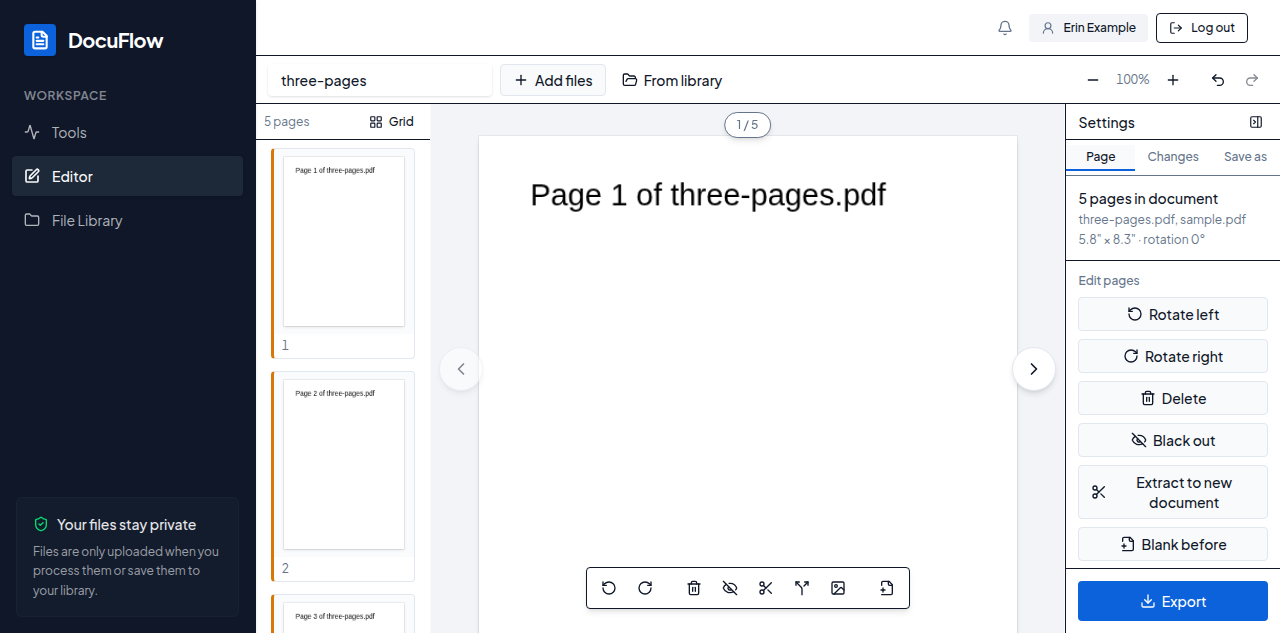 Two PDFs added to the editor, shown together as one document’s page list