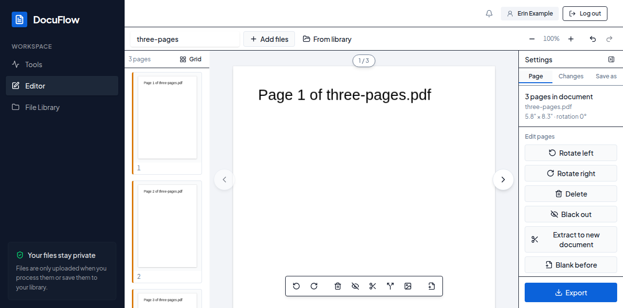 The editor’s page canvas with the page action toolbar underneath it