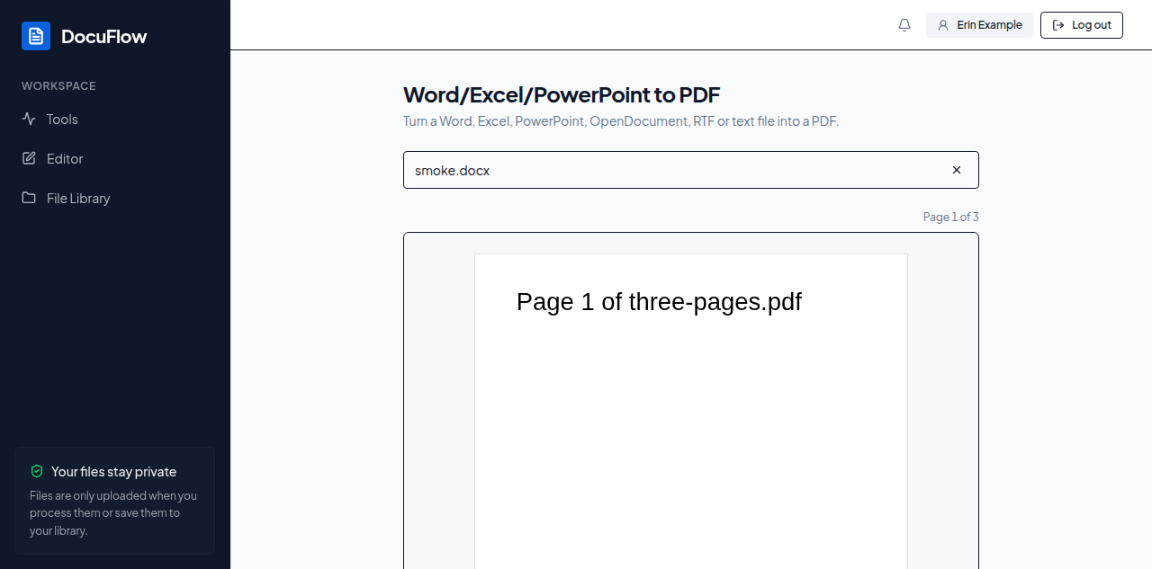The converted PDF rendered right on the Word/Excel/PowerPoint to PDF page