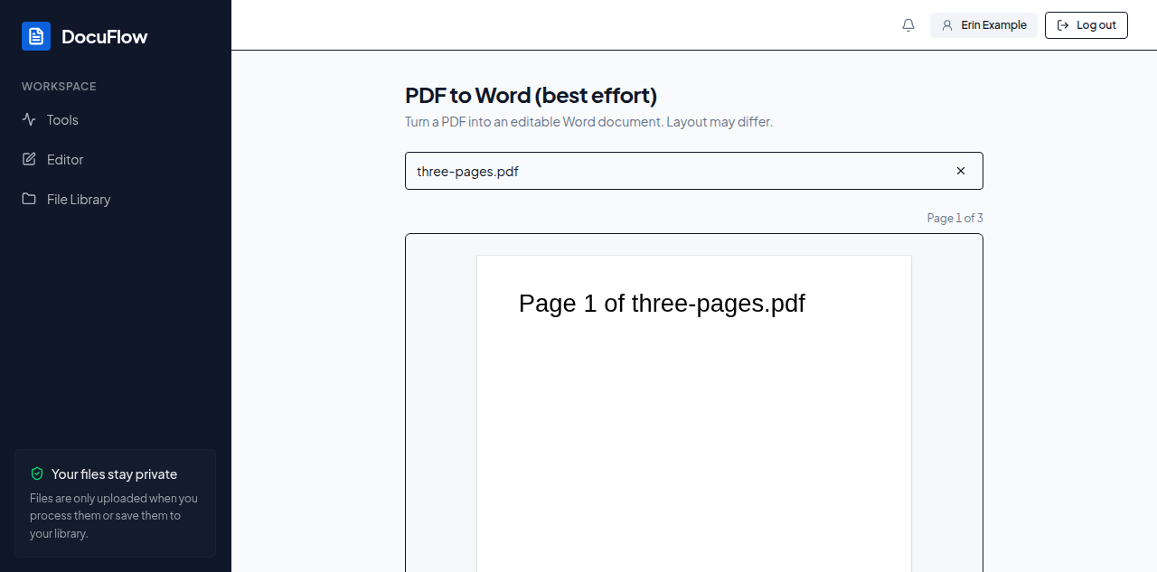 The converted Word file, rendered back to a PDF and previewed on the PDF to Word page