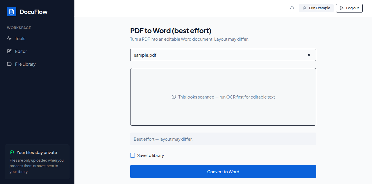 The scanned-PDF warning shown instantly on the PDF to Word page: “This looks scanned — run OCR first for editable text”