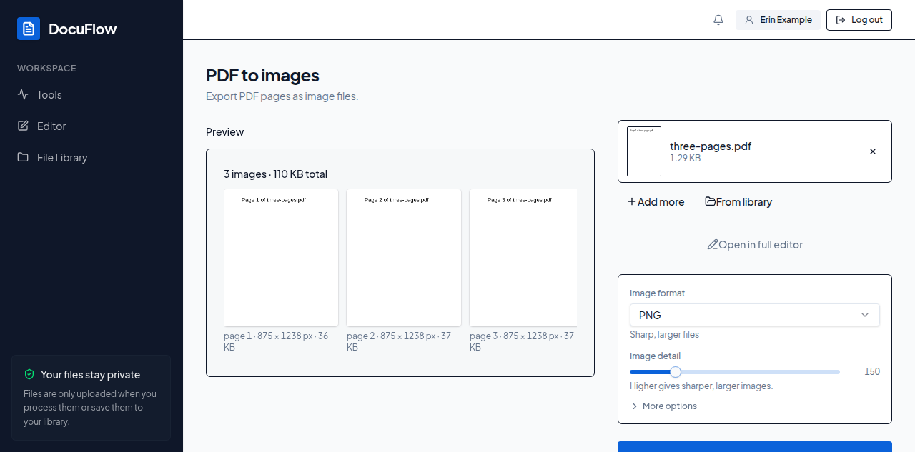 Every page of a PDF shown as the image it will become, with its pixel size and byte size
