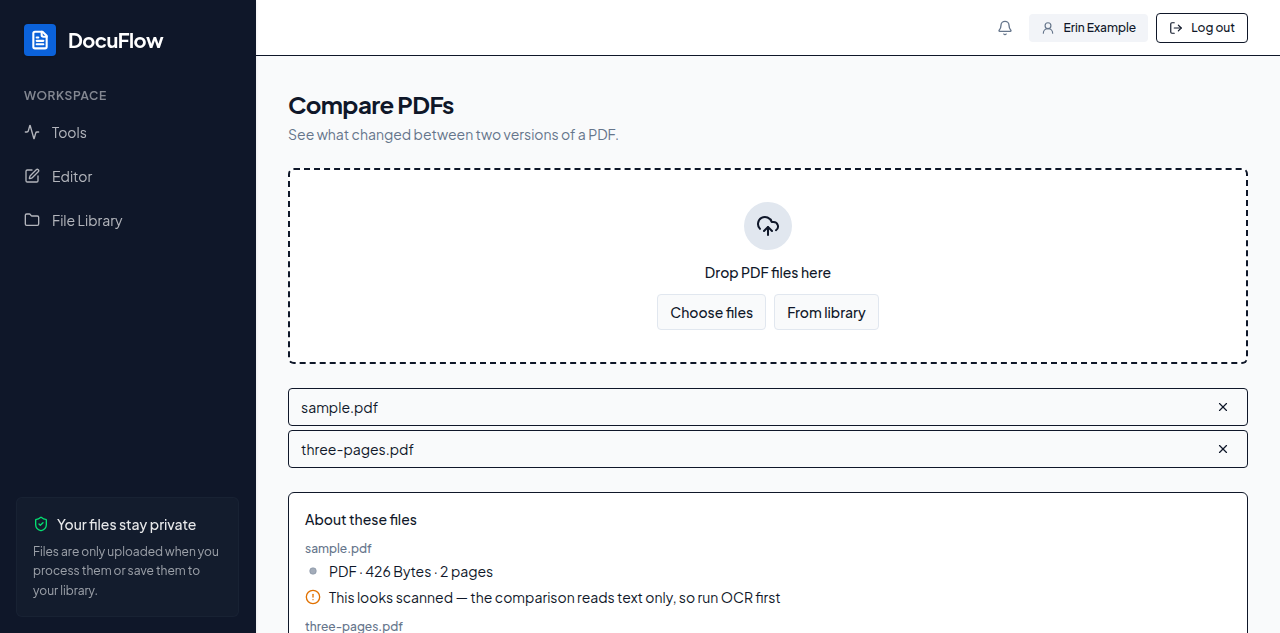 Compare PDFs with two files picked, each shown with its own short inventory