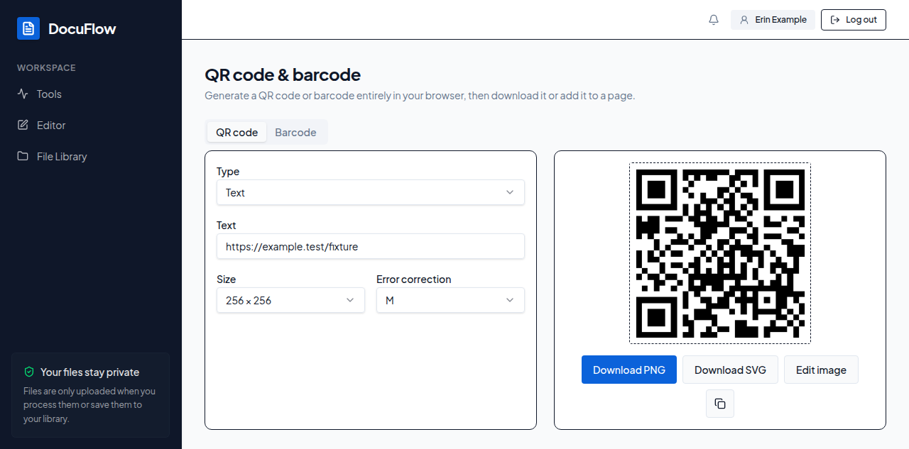 The QR code &amp; barcode tool, with a QR code generated live from typed text