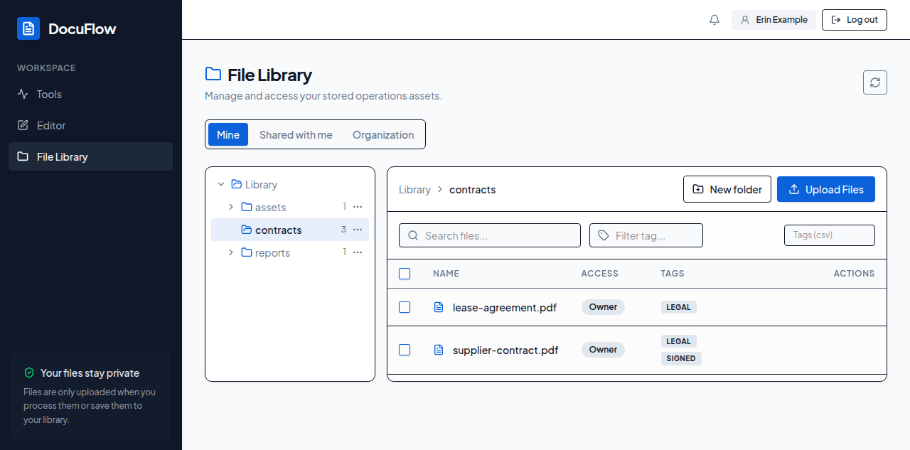 The Mine tab of File Library, with the file table and its columns