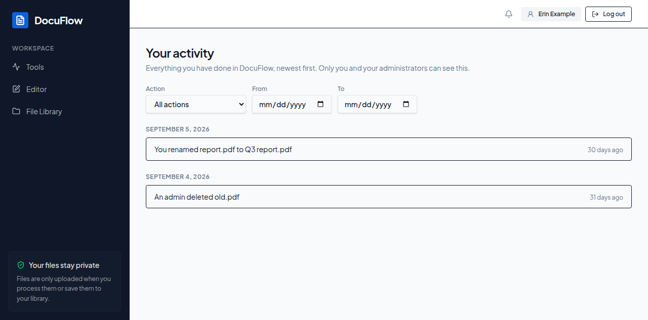 The activity page, with plain-sentence events grouped under day headings