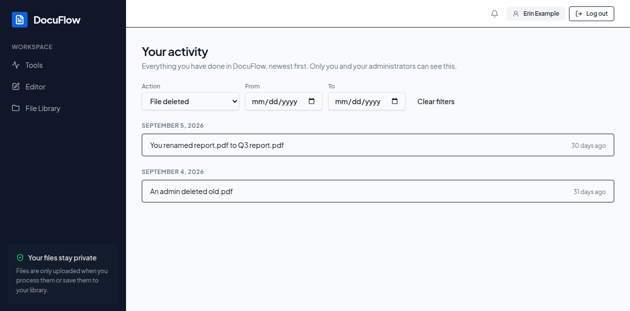 The Action dropdown set to one kind of event, with Clear filters shown