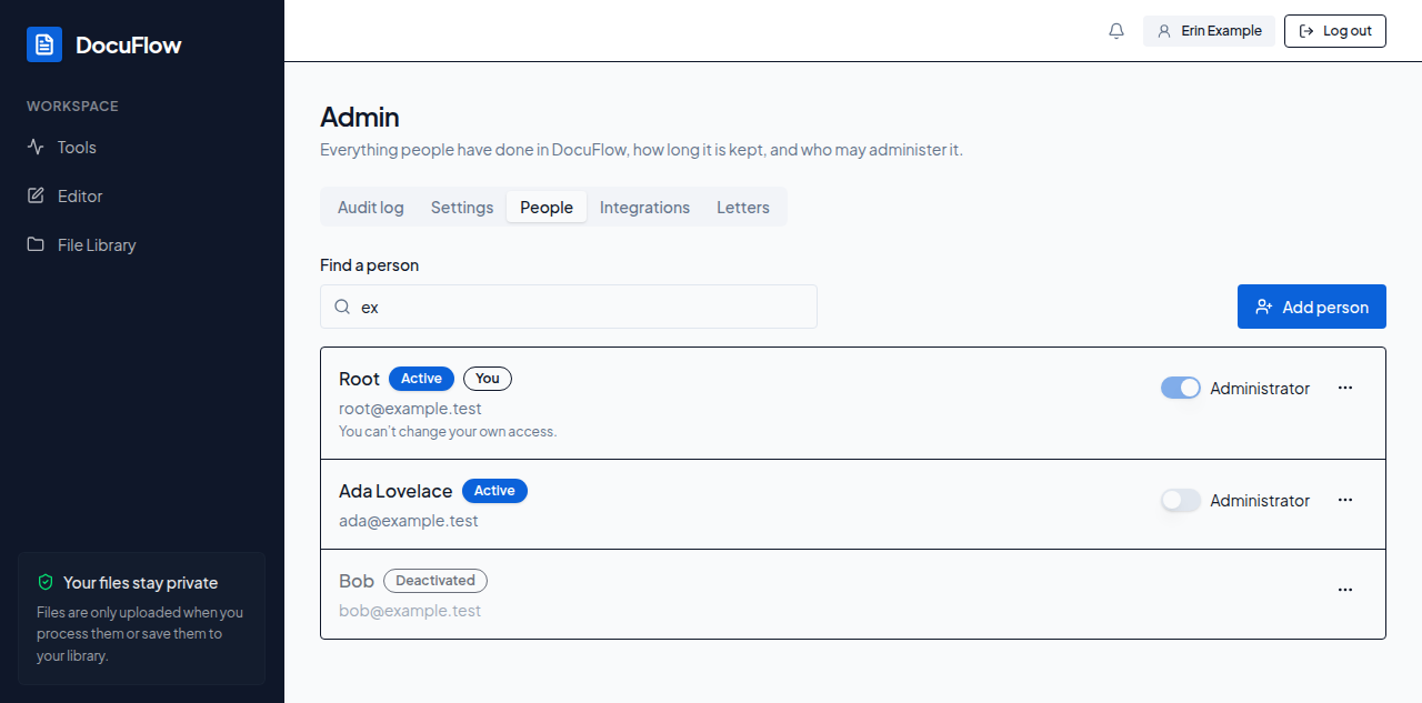 The People screen: search results with each person’s status and the Administrator switch