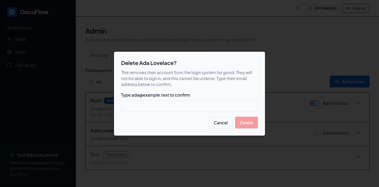 The delete-confirm dialog: “Delete Ada Lovelace?” with the type-to-confirm email box