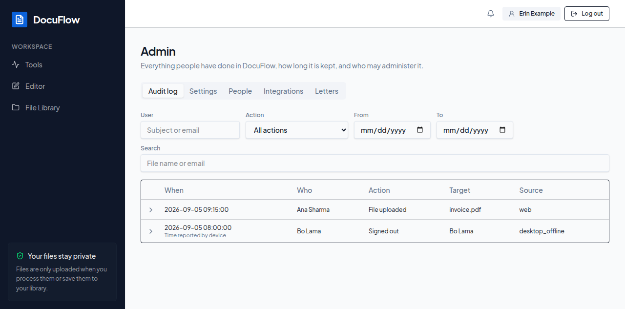 The Admin area’s Audit log tab, showing everyone’s events in a table
