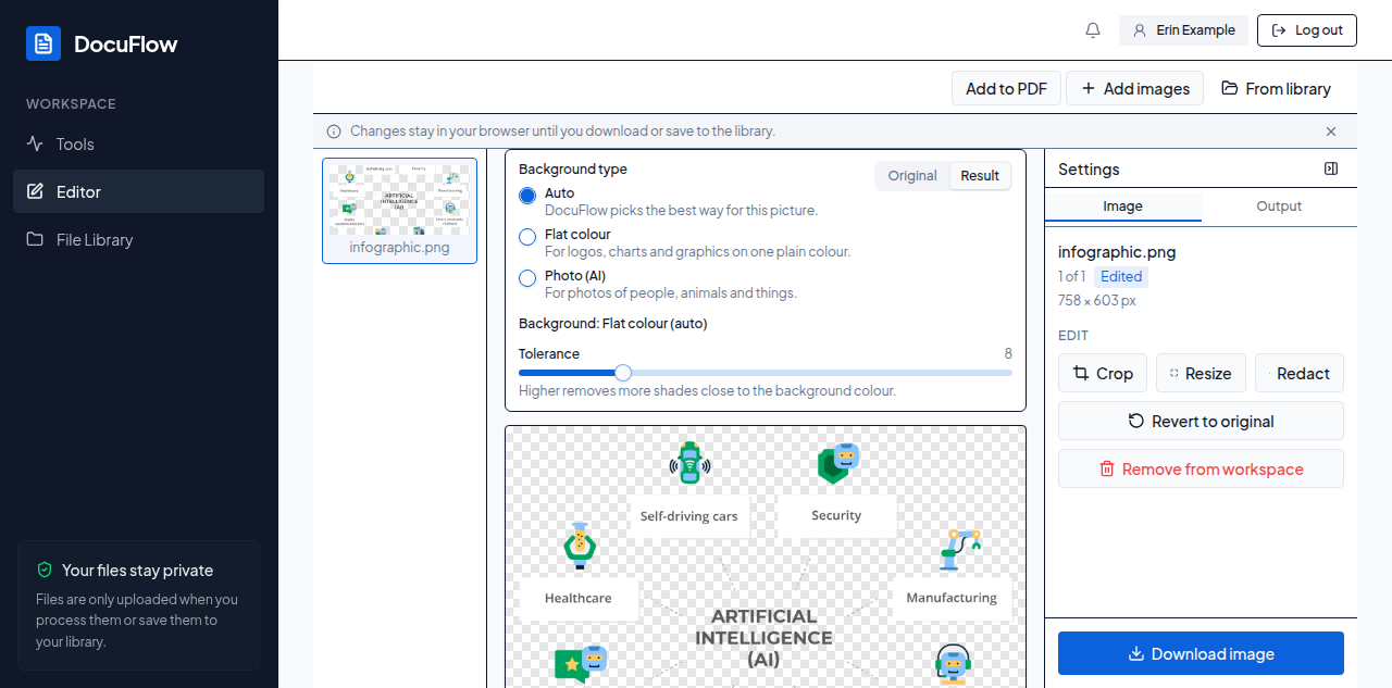 The Remove background panel over an infographic: Background: Flat colour (auto), the Tolerance slider, the cut-out on a checkerboard