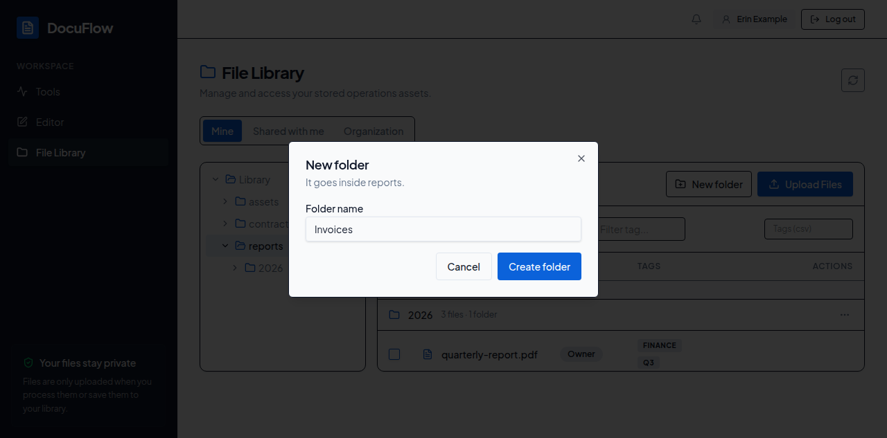 The New folder dialog, with a folder name typed
