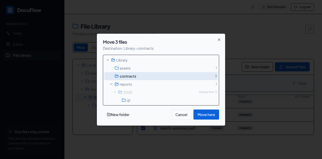The move dialog with three files selected and a destination chosen