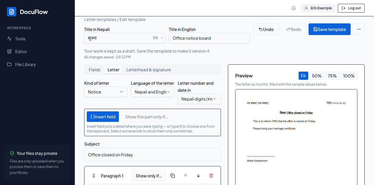 The template builder: Undo, Redo and Save template at the top, “All changes saved” under the title, the Letter tab on one side and the preview with its Zoom buttons on the other