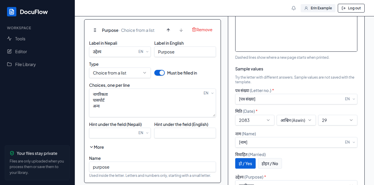 A field card on the Fields tab: the labels in Nepali and English, Type set to Choice from a list, Must be filled in turned on, three choices, the hints and the Name under More