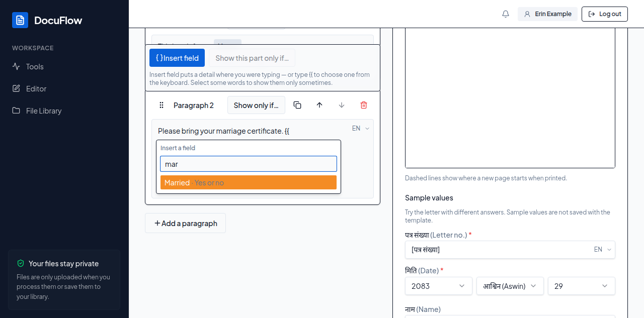 Paragraph 2 with {{ typed at its end: the “Insert a field” list under it, “mar” in Find a field and Married highlighted