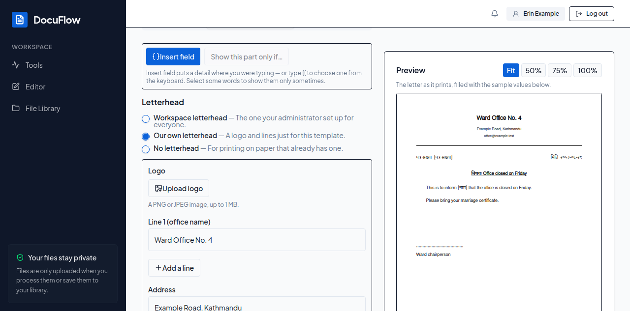The Letterhead &amp; signature tab with Our own letterhead chosen: Logo with Upload logo, Line 1 (office name), Add a line and Address; the preview shows the letterhead at the top of the letter