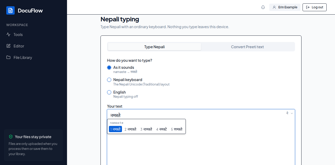 The Nepali typing page: namaste typed as it sounds, showing नमस्ते and the suggestions under the line